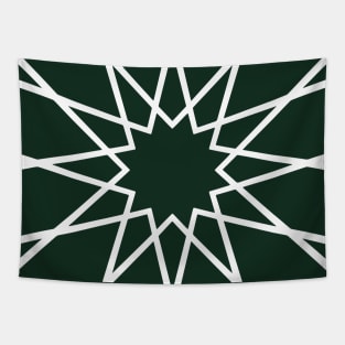 White Islamic Geometric Pattern Stars on Green Background Tapestry