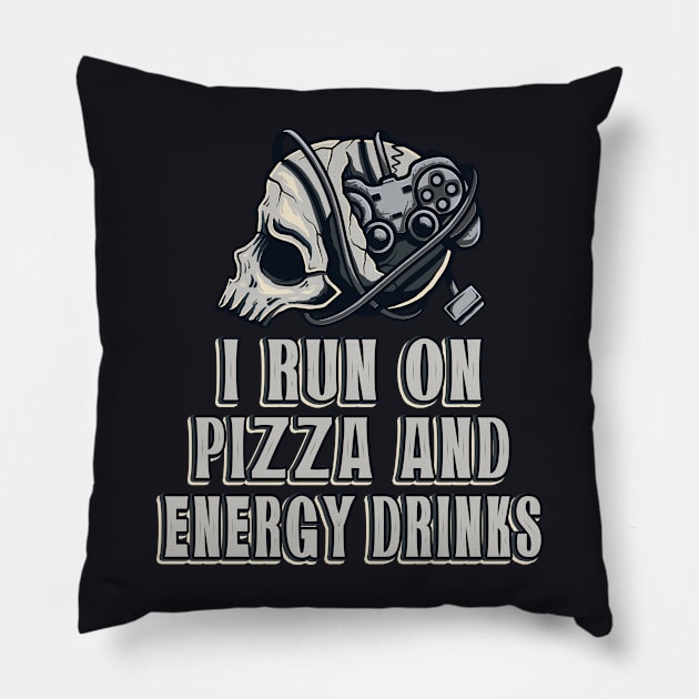 Gamer Skull Console Player Pizza & Energy Drinks Pillow by Foxxy Merch