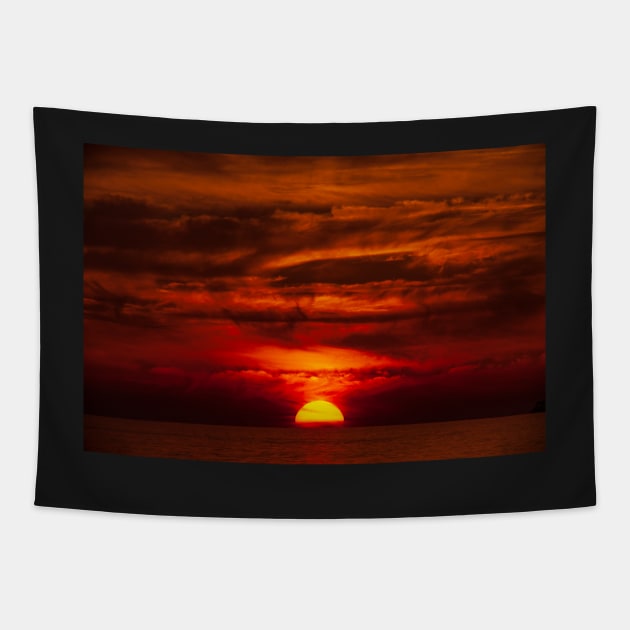 Sunset, clouds, sea, fiery red sky, Germany Tapestry by Kruegerfoto