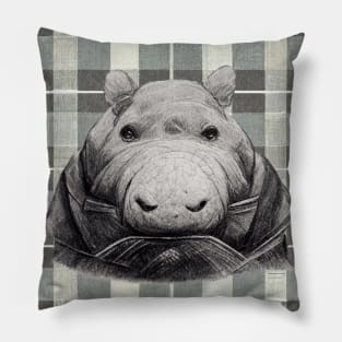 Hefty Hippopotamus in a coat, on a plaid background. Pillow