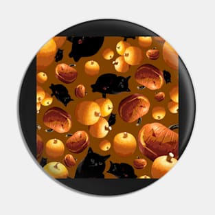 Black Cat and Pumpkins Tossed on Brown Repeat 5748 Pin