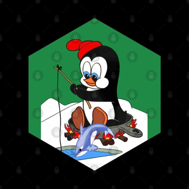 Penguin Cartoon Ice Fishing Pop Art Abstract Print by posterbobs