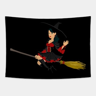 Halloween Witch On Flying Broom Tapestry