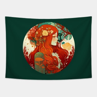 Cottagecore Redhead in the Forest Tapestry