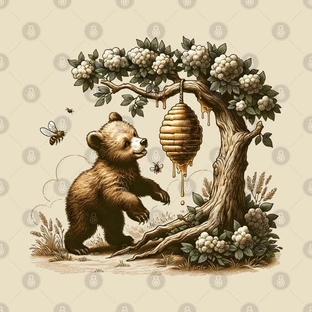 Honey Delight - Bear and Beehive Vintage Illustration by The Tee Bizarre