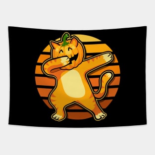 Dabbing Cat Halloween Pumpkin Dance Tapestry