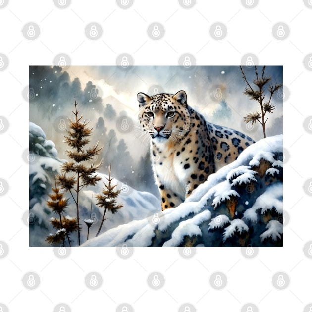 Funny A Proud Snow Leopard Went Hunting, in the Snowy forest, Hight Mountains, Snow Falling, Winter Landscape, Wildlife White Panthera, Watercolor by sofiartmedia