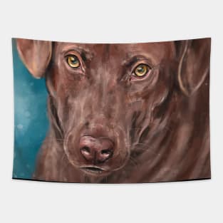 Painting of a Chocolate Labrador looking directly at you, blue background Tapestry