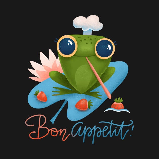 Cute Frog Holds Strawberries Cartoon, Bon Appetit by Protshirtdesign