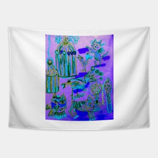 Grape Purple Cats Kitty Birds Birdcages Tapestry