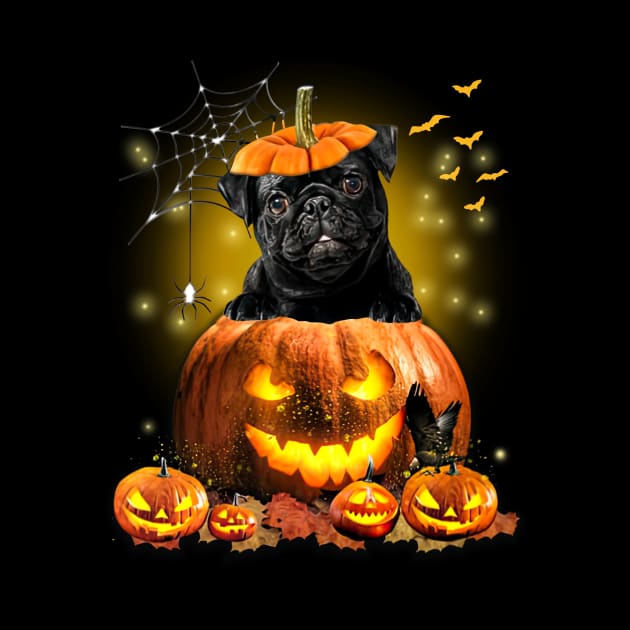 Black Pug Spooky Halloween Pumpkin Dog Head by Los Draws