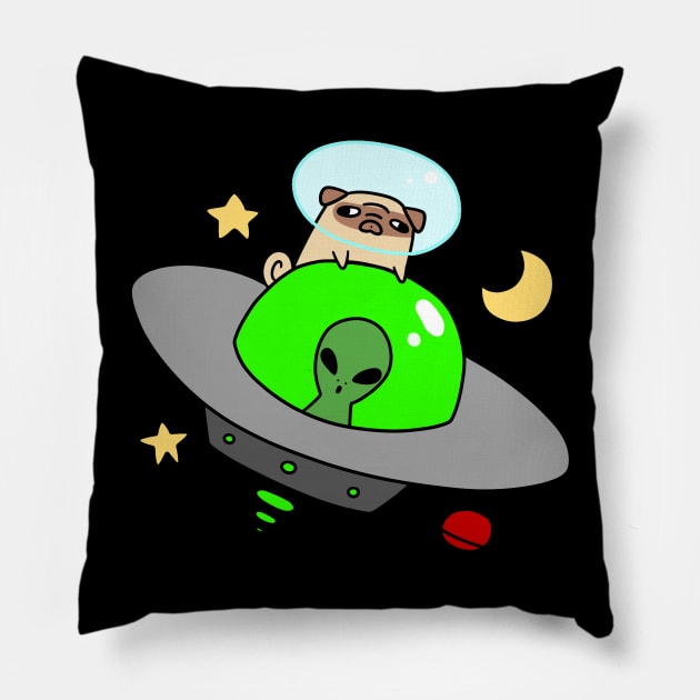 Space Pug Riding a UFO Pillow by saradaboru