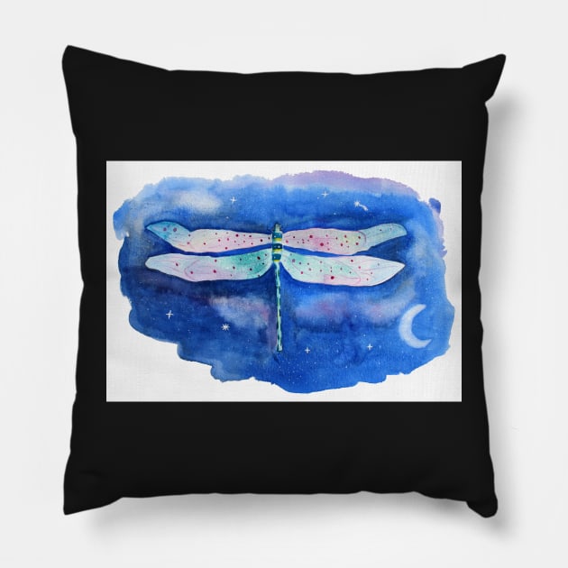 whimsical watercolor dragonfly with starscape background Pillow by Sandraartist