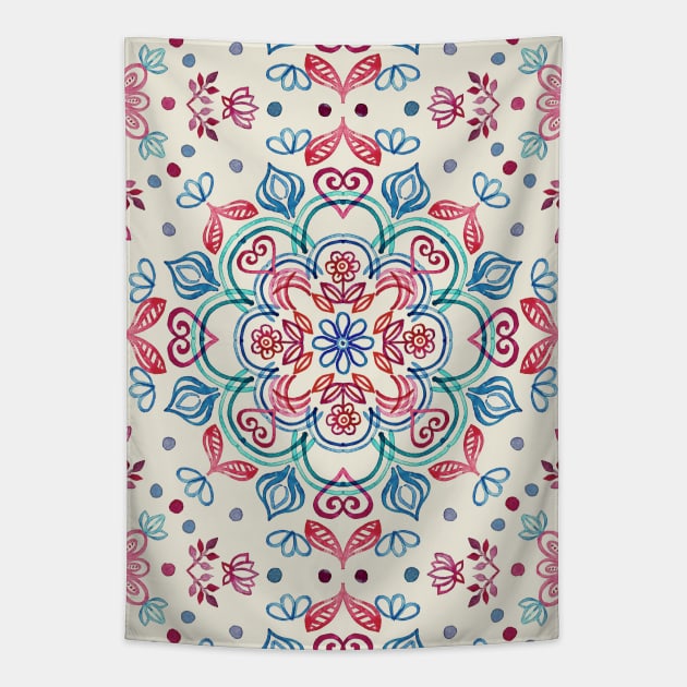 Pastel Blue, Pink & Red Watercolor Floral Pattern on Cream Tapestry by micklyn