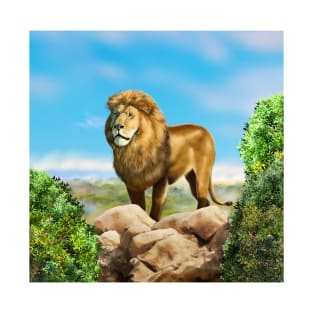 Lion king a wild animal. Wild African lion in nature. Retro style. Realistic Oil painting illustration. Lion Head Wildlife Hand Drawing poster T-Shirt