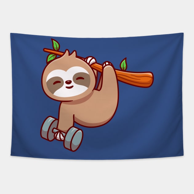 Cute Sloth Holding Dumbbell Cartoon Tapestry by Catalyst Labs