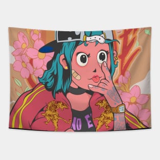 Dope hood girl making a funny face illustration Tapestry