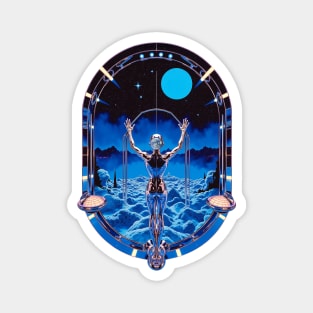 Future Genesis The Sleek Chrome Goddess Gazing at a Distant Planet in a Vast Otherworldly Expanse of Frozen Peaks Magnet
