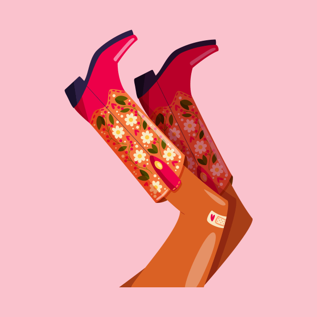 Woman legs with cowboy boots decorated with flowers. Cowgirl with cowboy boots. American western theme. Colorful vibrant vector illustration. by BlueLela