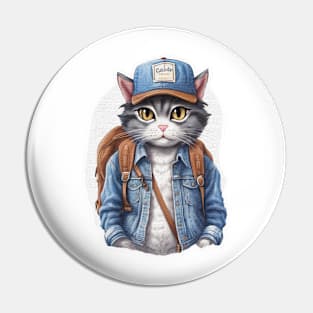 Cute street street cat wearing a hoodie and a backpack Pin