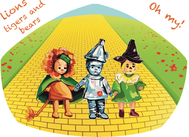 Lions tigers and bears, oh my! Cowardly lion, tin man and scarecrow kids. Wizard of Oz. Kids T-Shirt by Peaceful Pigments