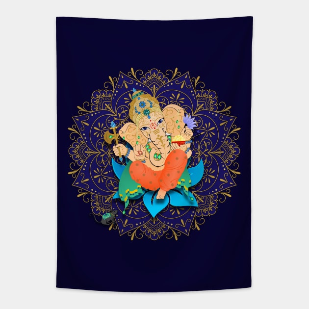 Lord Ganesha Blue Mandala - The Obstruction Destroyer Tapestry by MandalaSoul