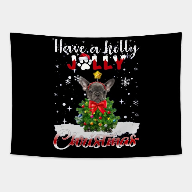 Have A Holly Jolly Christmas Grey French Bulldog Xmas Tree Tapestry by cyberpunk art
