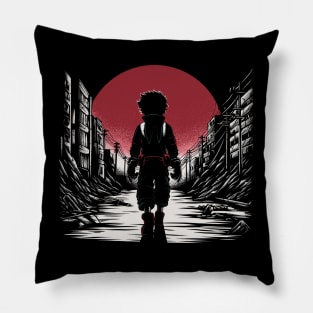 Hero walking through a city Pillow