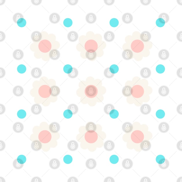 White and pink flowers with blue dots on turquoise background by marufemia