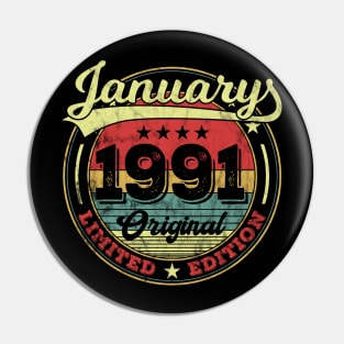 30th Birthday Vintage January 1991 30 Years Gift Pin