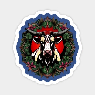 Ox Surrounded By A Wreath Of Red Clover Tattoo Style Art Magnet