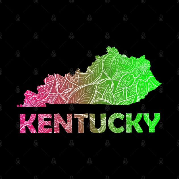 Colorful mandala art map of Kentucky with text in pink and green by Happy Citizen