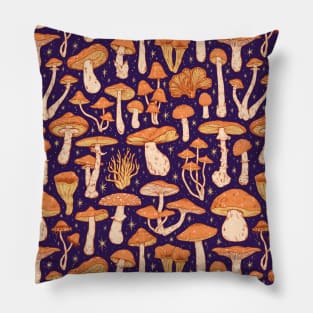 Deadly Mushrooms Orange on Blue Pillow