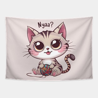 Nyaa? Kawaii Cat with a Ball of Yarn Tapestry