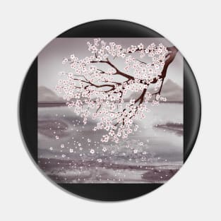 Cherry blossom branch. Water landscape watercolor illustration. Sakura flowers spring scenery Pin