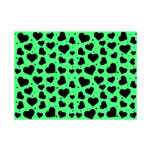 Black Hearts Seamless Pattern on Green Background T-Shirt