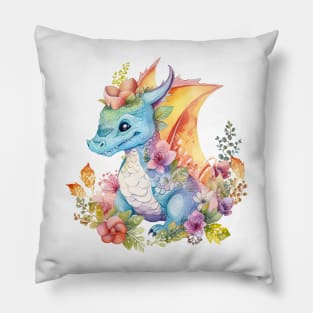 Cute Spring Flower Dragon Watercolor Pillow