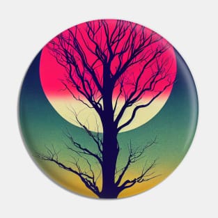 Pink Full Moon Over A Vibrant Colored Whimsical Minimalist Lonely Tree - Abstract Minimalist Bright Colorful Nature Poster Art of a Leafless Branches Pin