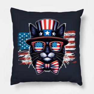 Black Cat Uncle Sam Hat Sunglasses American Flag 4th of July Pillow