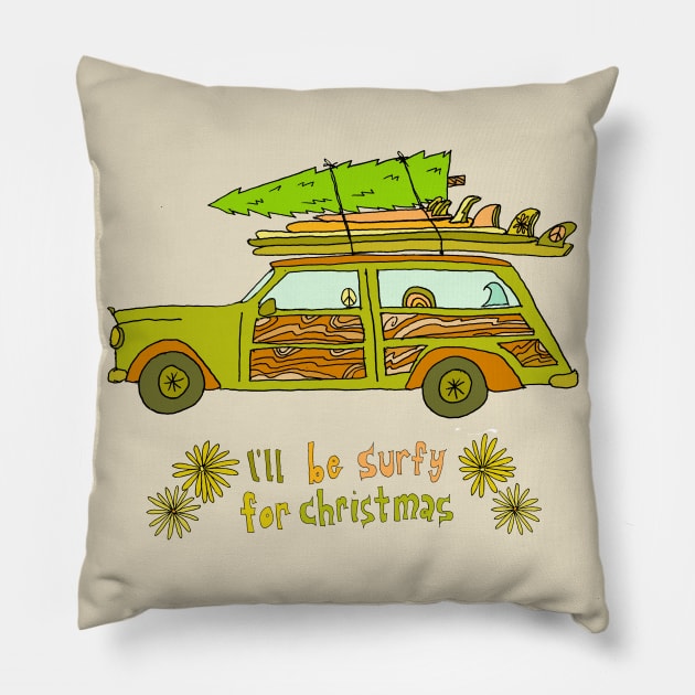 ill be surfy for christmas // retro surf art for surfy birdy Pillow by surfybirdy