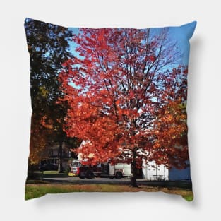Fire Engine by Fire Station in Autumn Pillow