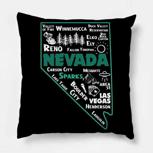 Sparks Nevada Map Las Vegas Winnemucca Reno Elko Ely Carson City Boulder City Henderson Laughkin Pillow by BoogieCreates