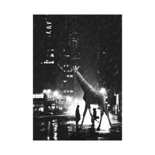 Raining Giraffe Night City Black and White T-Shirt