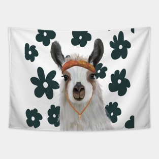 Boho Llama on Retro Flowers Tapestry