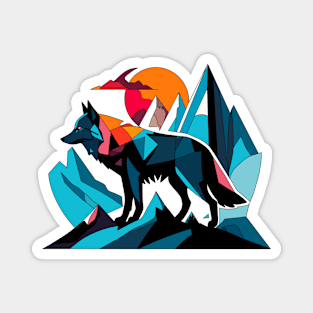 Geometric art of wolf and mountains Magnet