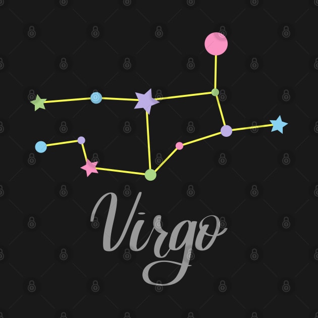 Virgo Zodiac Constellation in Rainbow Pastels - Black by Kelly Gigi