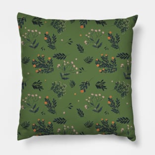 Blue leaves pattern with green background Pillow