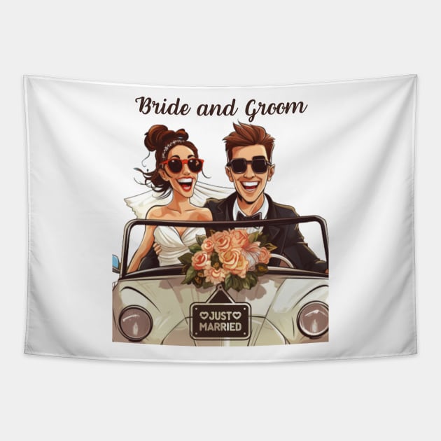 Bride and Groom Just Married Gifts for Newlyweds and Wedding Guests Tapestry by Positive Designer