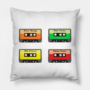 Mixtapes Pack. Set of Four Retro Cassette Mix Tapes in Vintage Colors. Slow Songs, Your Faves, Old School and Dance Tracks. (White Background) Pillow