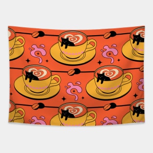 Cappuccino Black Cat Pattern in orange Tapestry